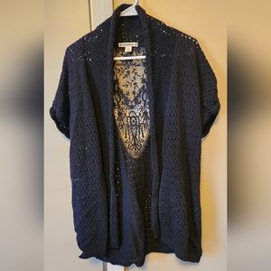 RuffHewn - Women's XL Black Short Sleeve Knit Cardigan with pretty lace detail